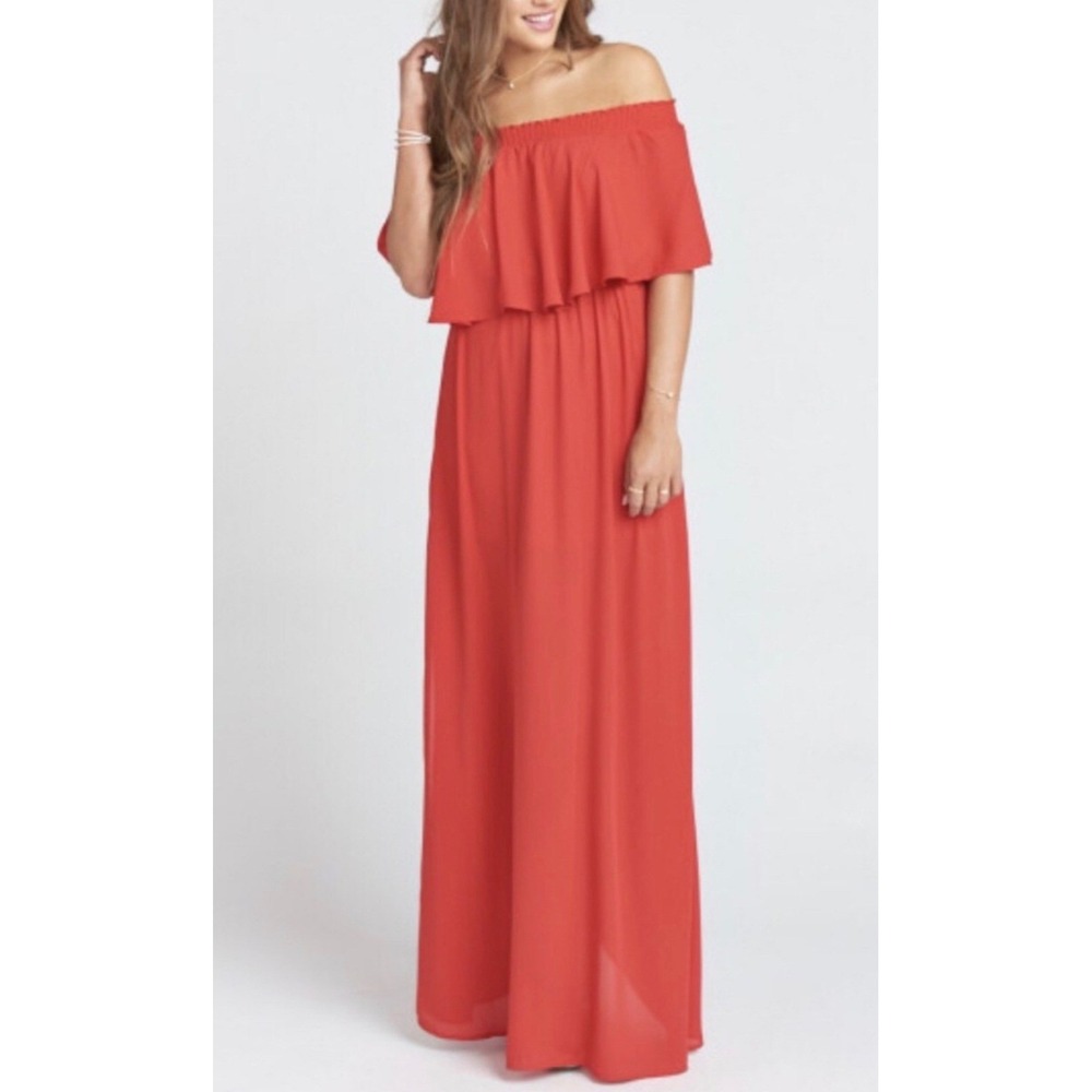 Show Me Your Mumu Womens Hacienda Coral Red Off Shoulder Ruffle Maxi Dress Small